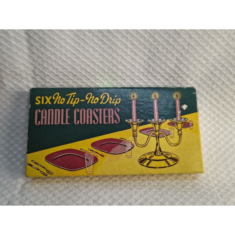 Vintage MCM Leonard Co Six No Tip No Drip Candle Coasters Clear Boxed